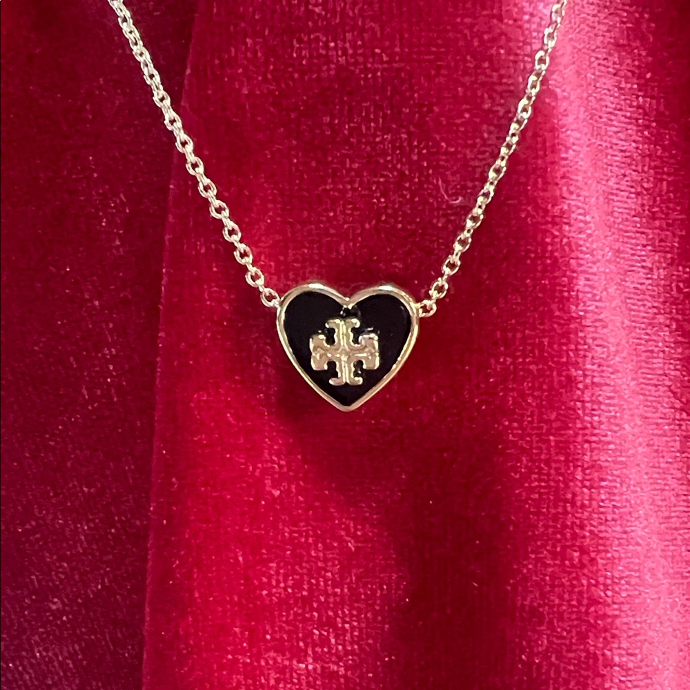 Authentic Tory Burch Heart Pendant Necklace with Black and Gold Accents